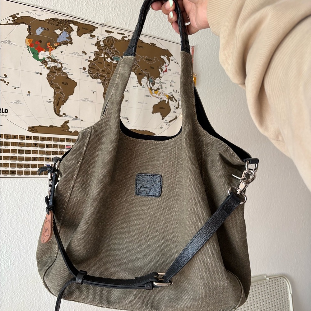 Our Tribe Filipino Canvas Tote With Braided Leather Handles - Olive View 2